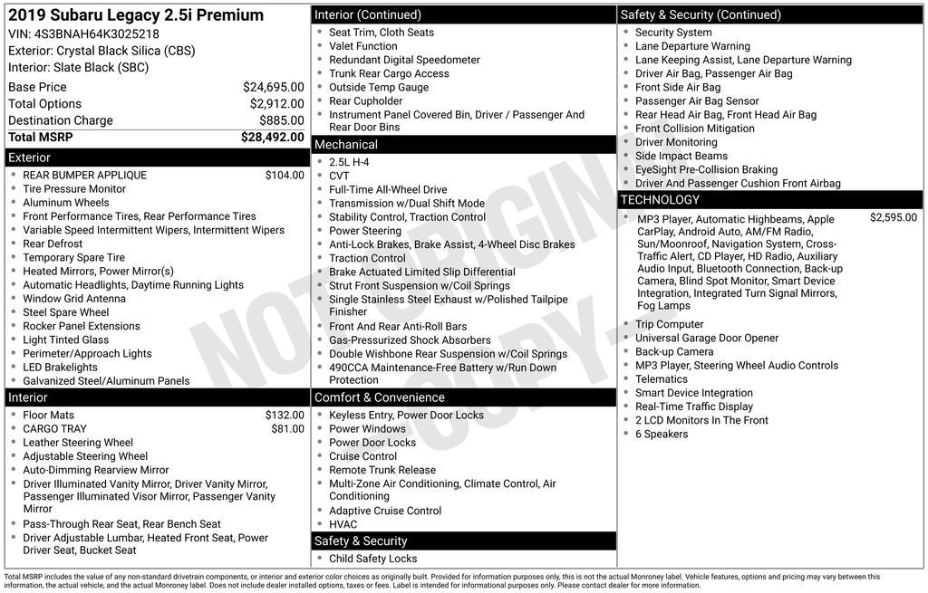 2019 Subaru Legacy 2.5i Premium