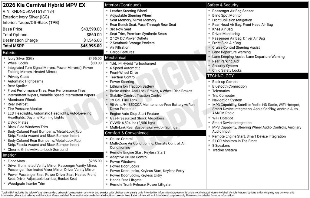 2026 Kia Carnival MPV Hybrid EX