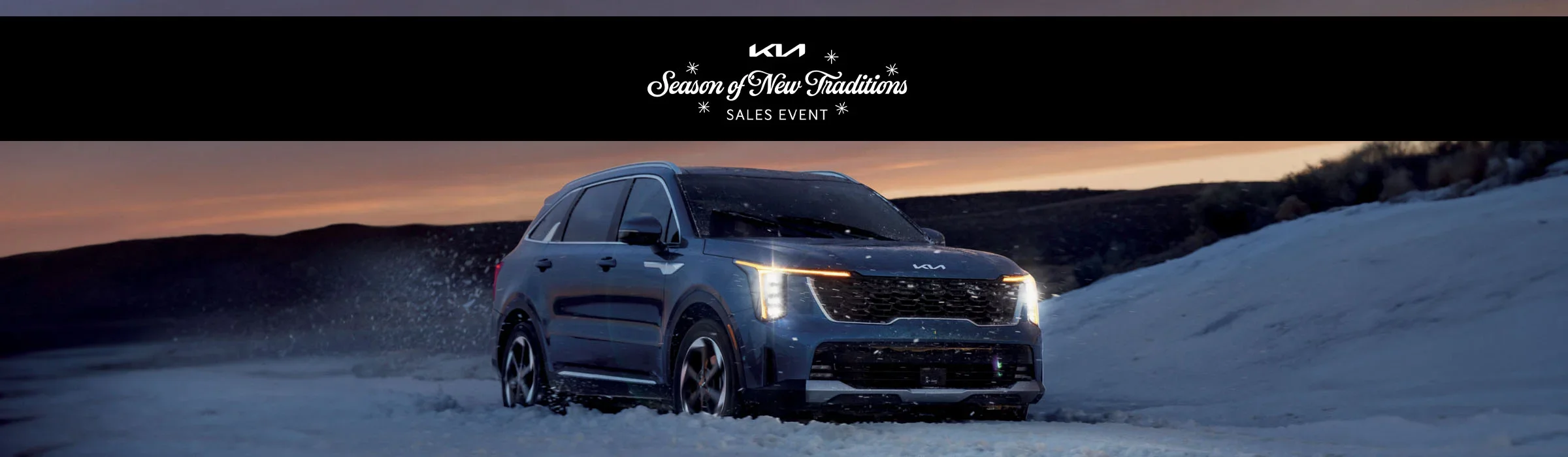 Kia Season of Giving Back Sales Event banner featuring multiple Kia models on display and winter holiday decorations